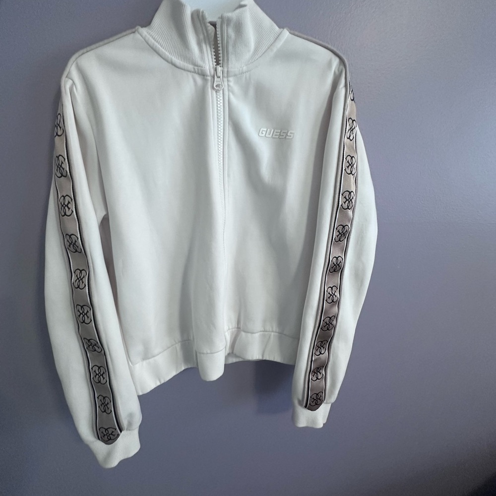 GUESS White Cowl Neck Sweater with Patterned Sleeves